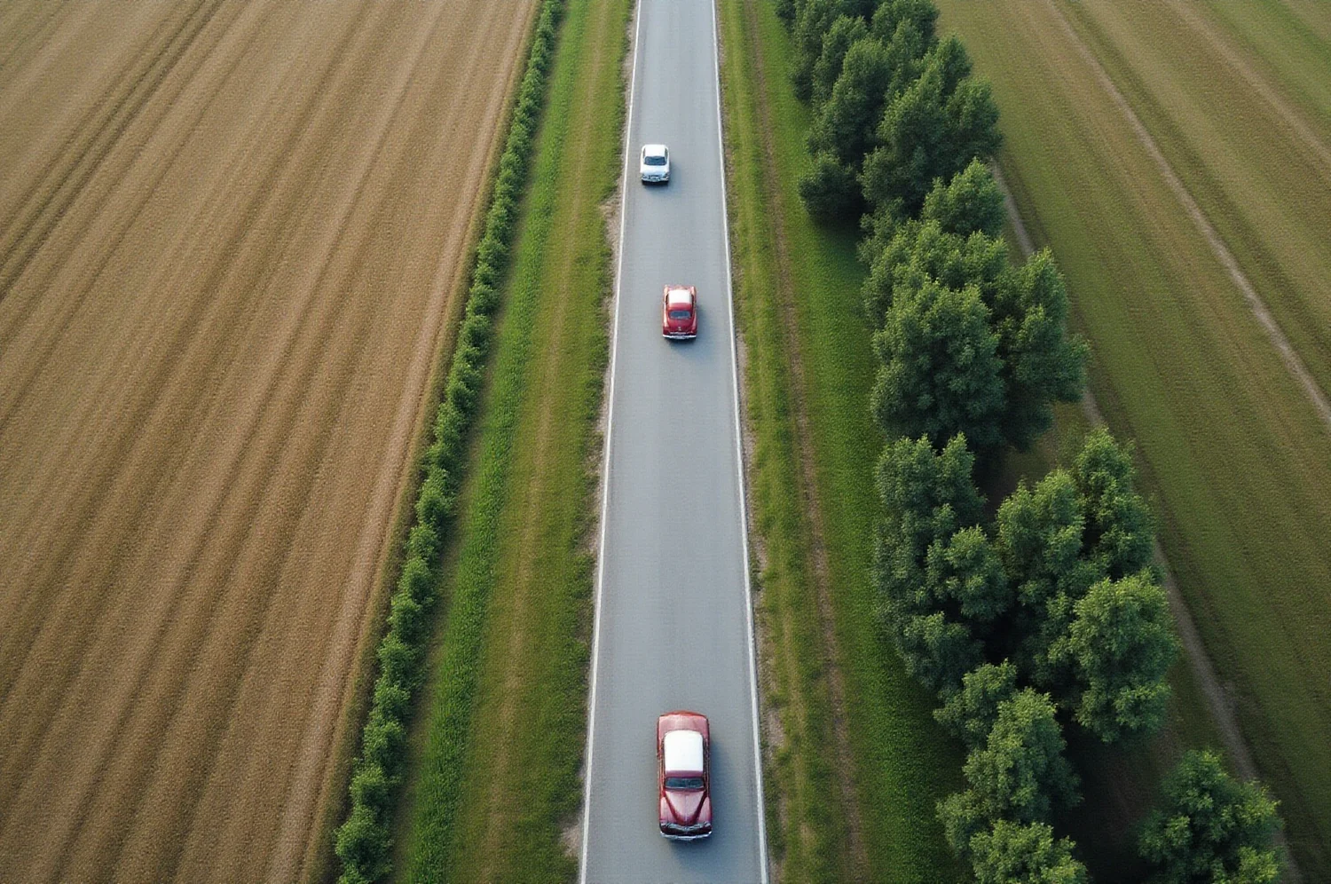Klasisku automašīnu kolonna uz tukša ceļa, skatīta no liela augstuma